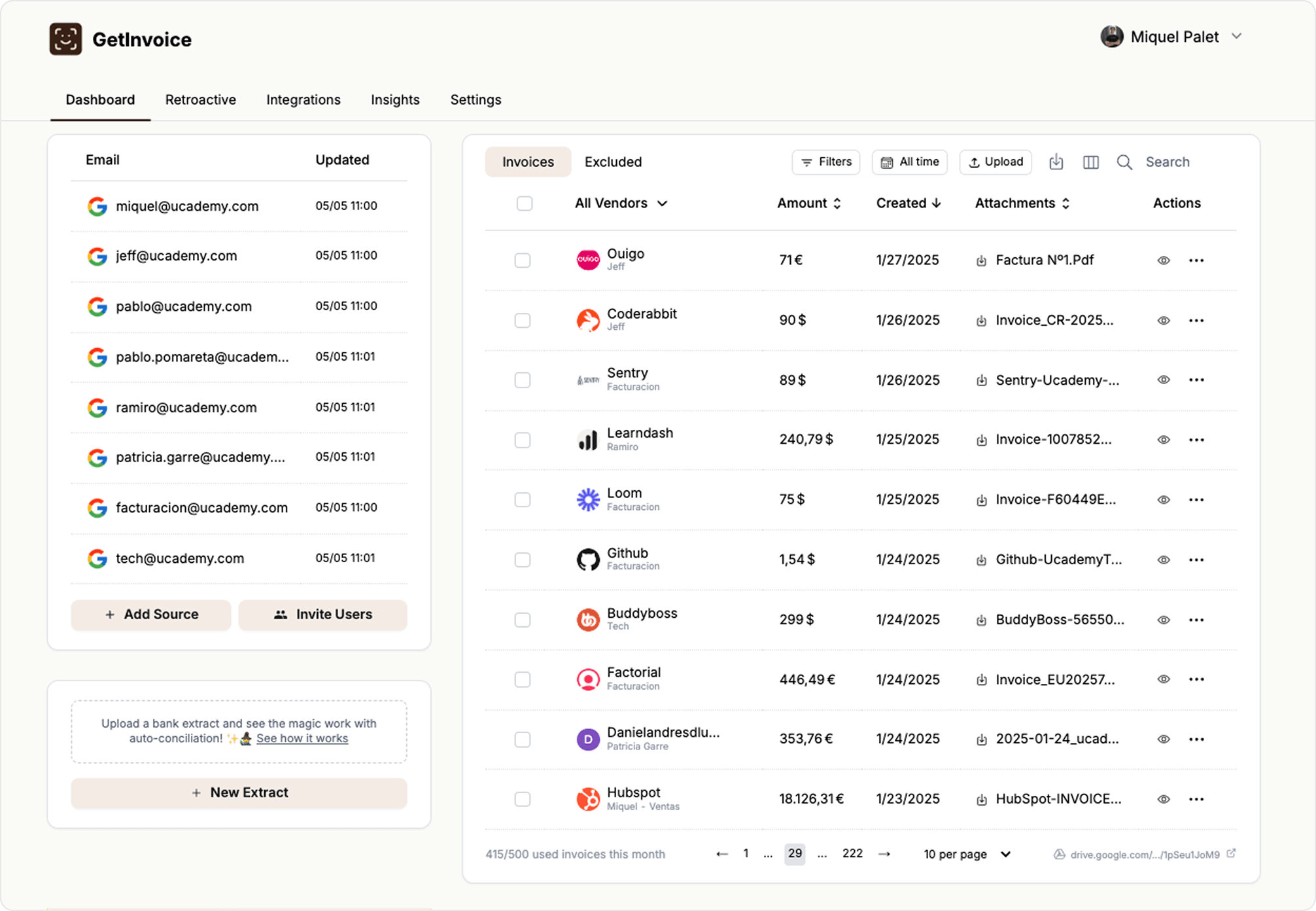 GetInvoice application dashboard showing invoice management